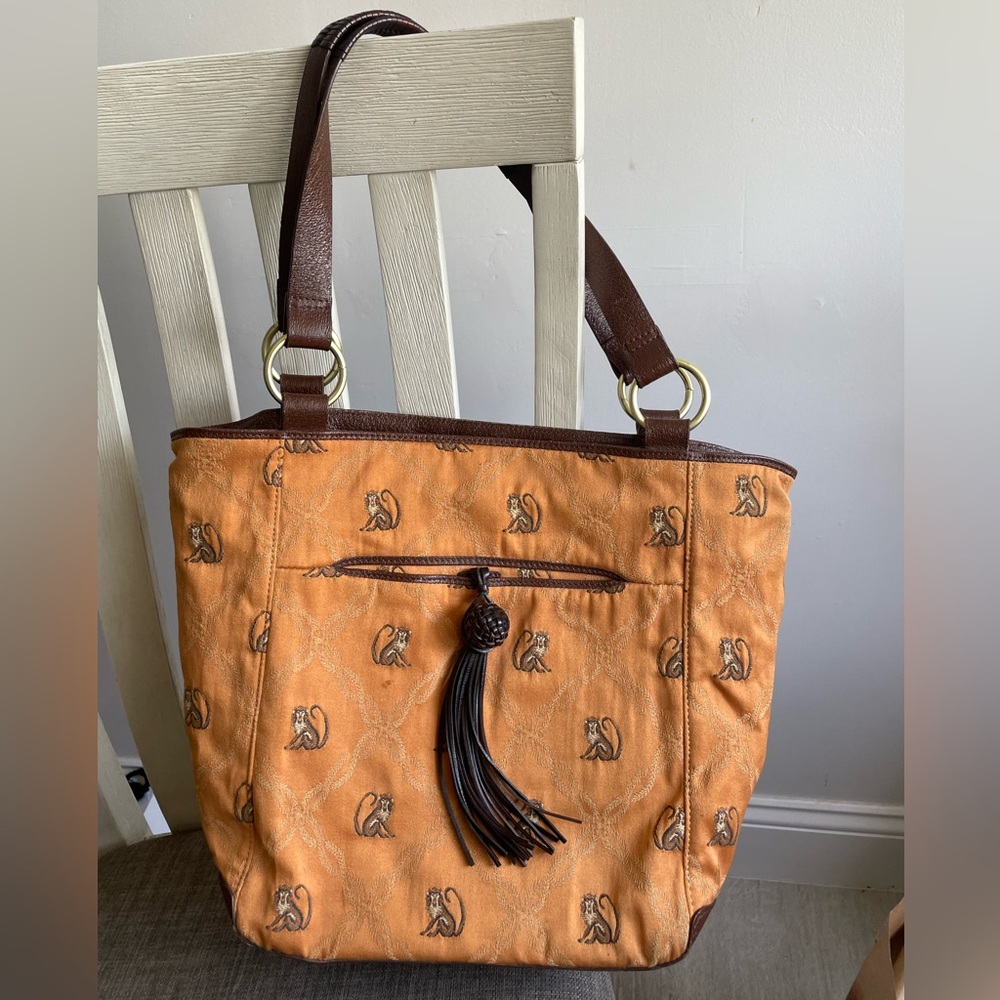 Tommy Bahama Island Hand Bag Leather Handle Monkey Pattern Tassel